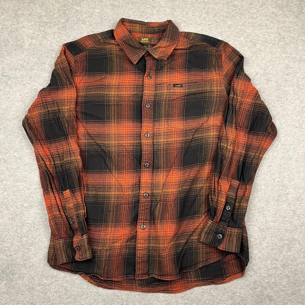 Lee Button Up Shirt Mens Large Orange Plaid Long Sleeve Smarter Fit Flannel
